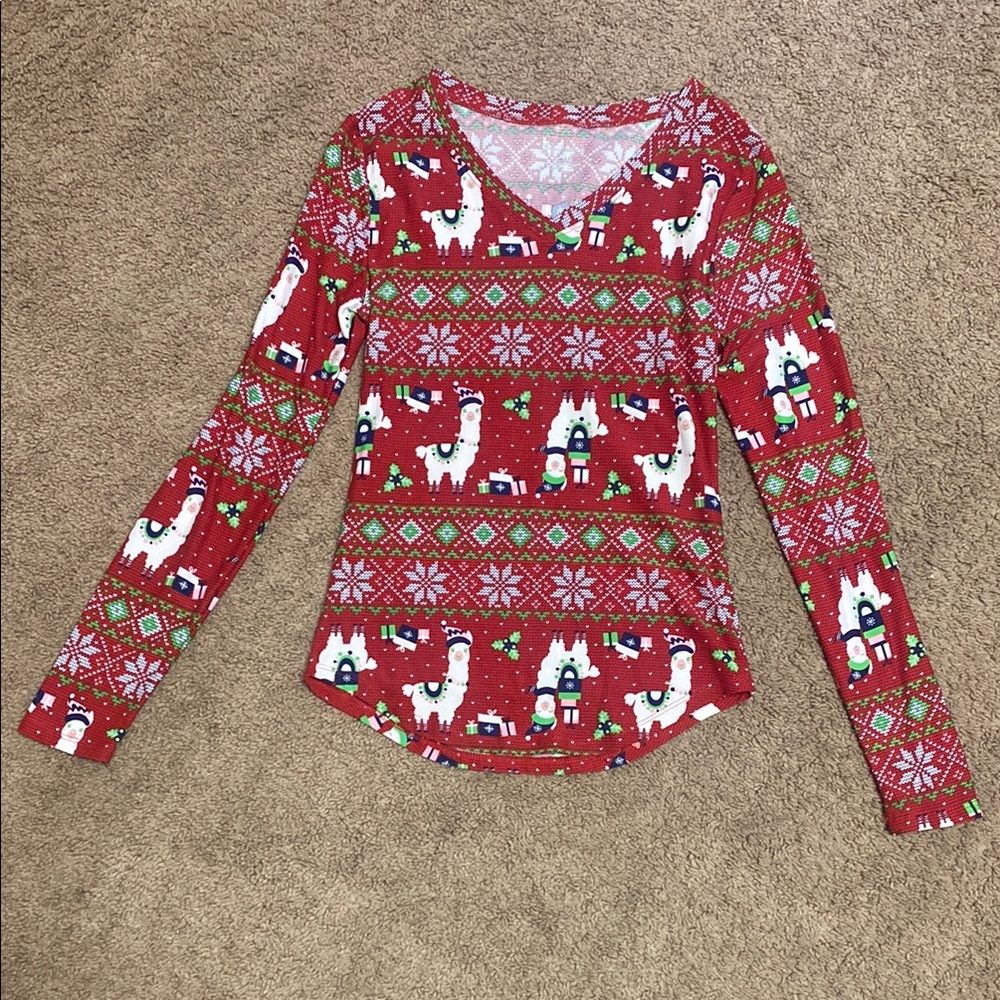 No Boundaries Red Festive Llama Long Sleeve Tee